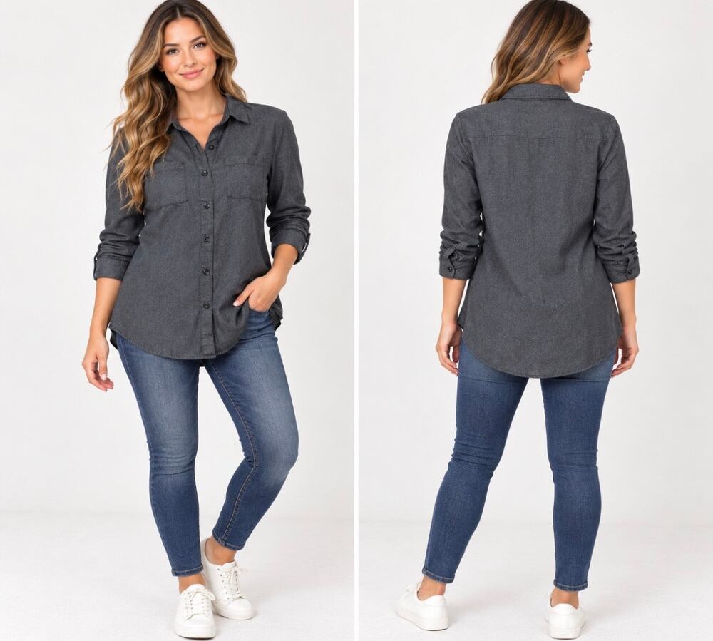 Hotouch Women’s Charcoal Chambray Button Down Shirt Long Sleeve Casual Shacket
